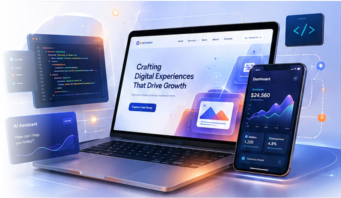 Digital project portfolio shown across laptop and mobile devices