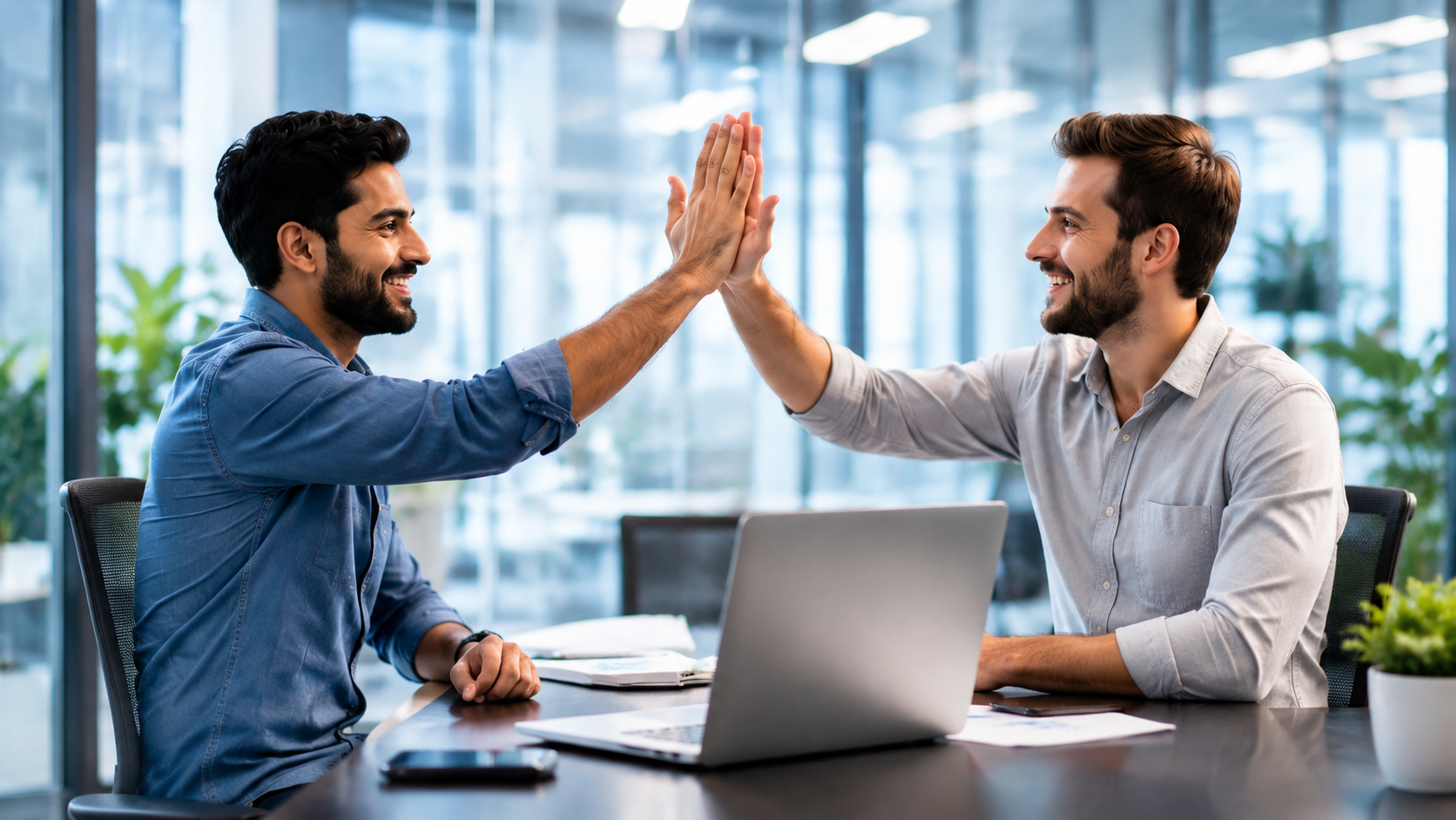 Business partners celebrating a successful technology project