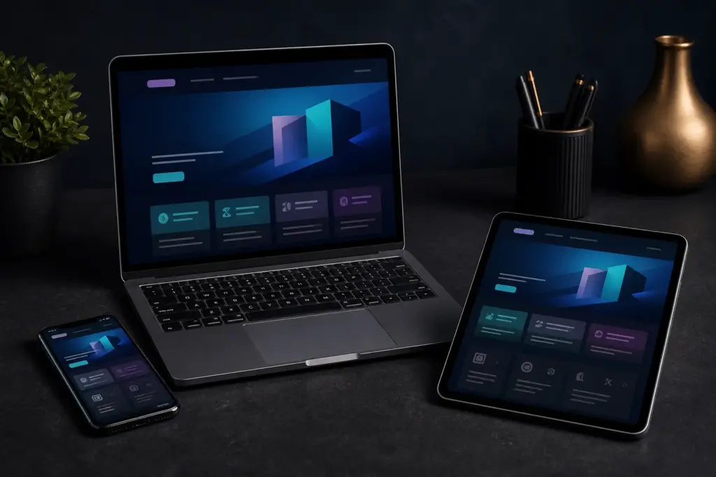 Responsive website design shown across desktop tablet and mobile devices
