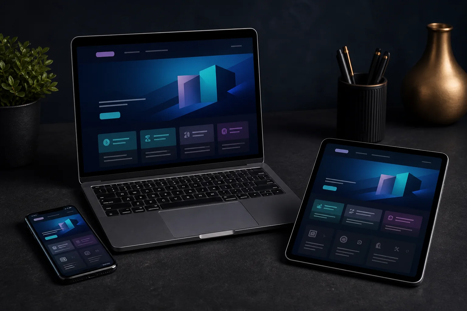 Responsive website design shown across desktop tablet and mobile devices