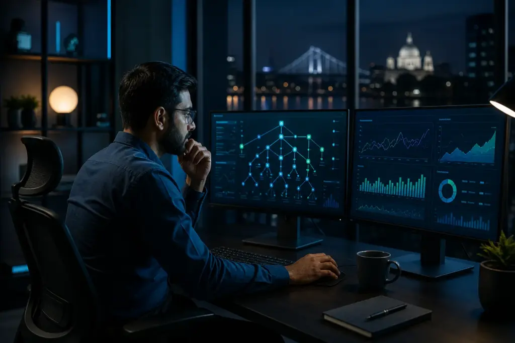 Technical SEO specialist reviewing site architecture crawling and performance