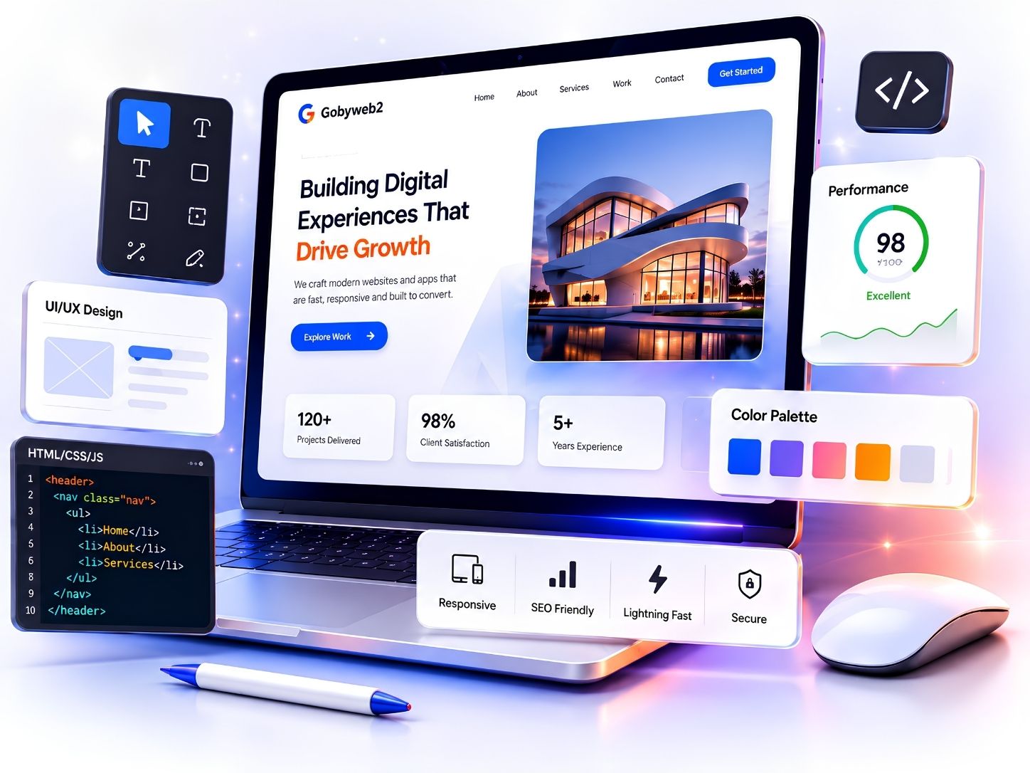 GobyWeb2 website design mockup on desktop and mobile screens